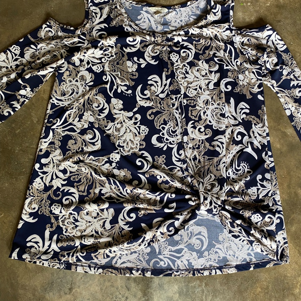 Cato Navy and Cream Patterned Cold Shoulder Blouse